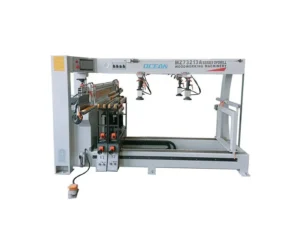 Three-row multi-spindle drilling machine for MDF, plywood, and solid wood panels.