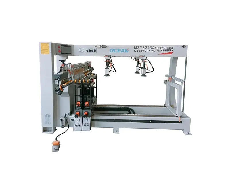 Three-row multi-spindle drilling machine for MDF, plywood, and solid wood panels.